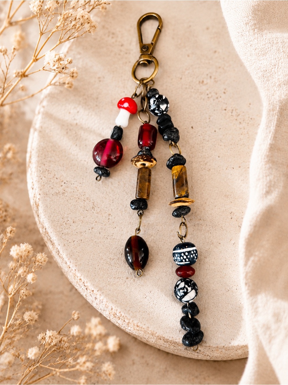 Handmade Multicolor Glass Bead purse, bag Charm Keychain - Red, Black & Amber